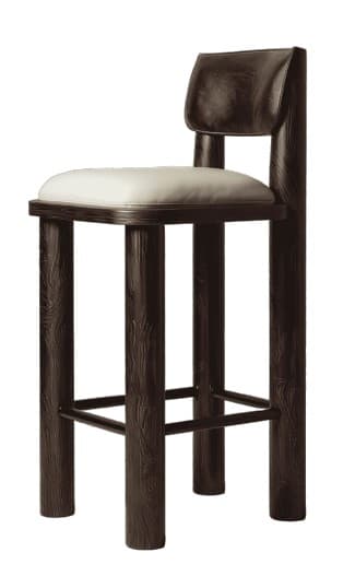 A modern bar stool featuring a dark, textured wood frame and contrasting upholstered seat and backrest. The stool has four thick, cylindrical legs connected by a square footrest. The seat is a light, possibly cream-colored, cushion, while the small, rounded backrest is upholstered in a darker material matching the frame. — 3D model
