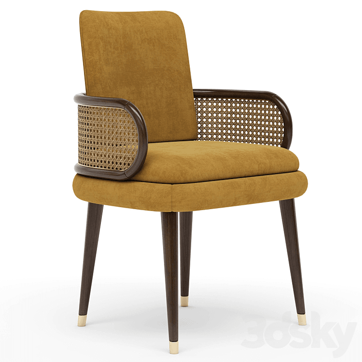 An elegant dining armchair featuring a mustard yellow upholstered seat and backrest, complemented by curved dark wood armrests with natural cane webbing inserts. The chair stands on four tapered dark wood legs, each finished with a brass cap. — 3D model