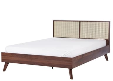 A mid-century modern style platform bed featuring a dark walnut-finished wooden frame and a headboard with cane webbing panels. — 3D model