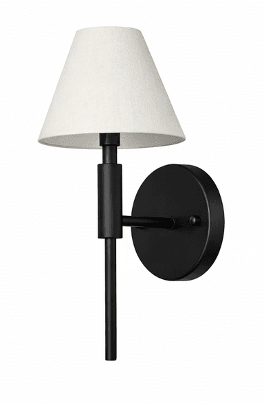 A wall-mounted lighting fixture featuring a conical fabric shade and a matte black metal frame, designed for ambient or task illumination. — 3D model