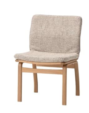 A modern dining chair with a wooden frame and upholstered seat and backrest. The chair features a minimalist design with clean lines and a neutral color palette. The seat and backrest appear to be cushioned for comfort. — 3D model