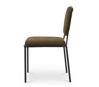 An armless dining chair featuring a black metal frame with an upholstered seat and a curved, upholstered backrest in an olive-green fabric. The frame includes subtle scrolled detailing at the top of the back. — 3D model