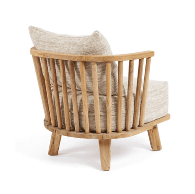 A wooden armchair with a light-colored woven fabric upholstery on the seat and backrest. The chair features a slatted back and arms, with a relaxed, somewhat rustic aesthetic. A separate cushion is placed against the backrest. — 3D model