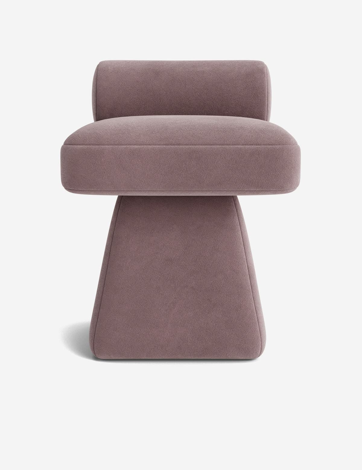 A modern, low-profile upholstered accent chair featuring a wide, rectangular seat with a subtle rolled backrest, supported by a substantial, sculptural pedestal base. The entire piece is covered in a soft, textured fabric in a muted mauve hue, emphasizing smooth curves and a monolithic form. — 3D model