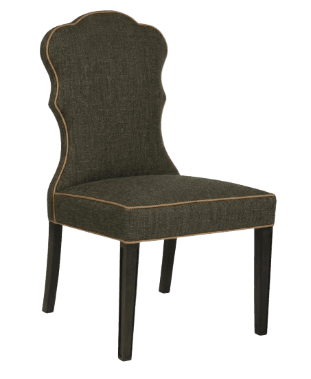 A dark green upholstered dining chair with a tall, scalloped backrest and a seat cushion. It features contrasting tan piping along the edges of the backrest and seat. The chair has four dark wooden legs, each with a slightly tapered profile. The upholstery appears to be a textured fabric with a subtle herringbone pattern. — 3D model