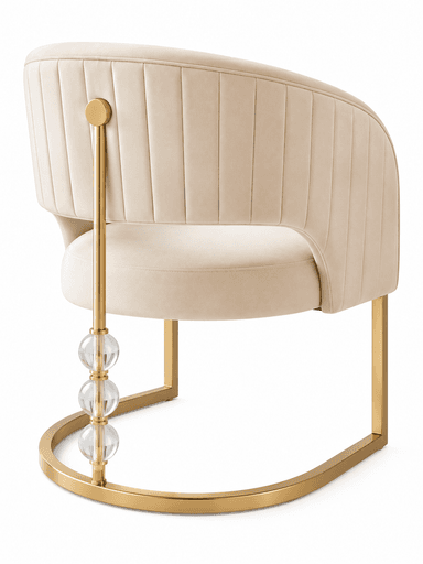 A contemporary barrel-shaped accent chair featuring channel-tufted cream upholstery, supported by a polished brass-finished metal frame that incorporates decorative clear acrylic spheres on the back support. — 3D model