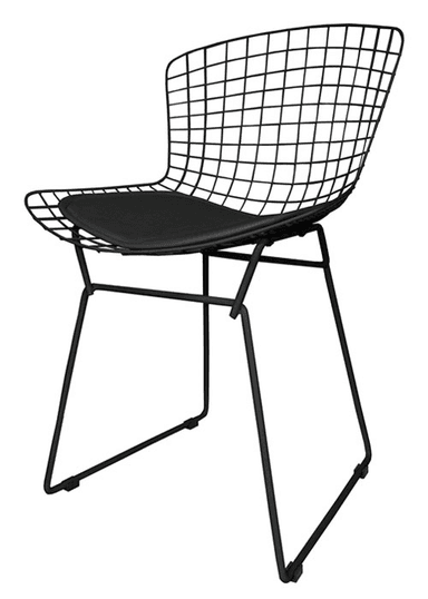 A modern black wire grid chair with a minimalist design, featuring a curved backrest and seat made from a grid of metal wires. A separate, upholstered black cushion rests on the seat. The chair is supported by a sled-style base, also constructed from black metal, creating a sleek and contemporary appearance. — 3D model
