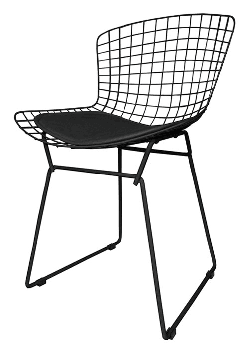 A modern black wire grid chair with a minimalist design, featuring a curved backrest and seat made from a grid of metal wires. A separate, upholstered black cushion rests on the seat. The chair is supported by a sled-style base, also constructed from black metal, creating a sleek and contemporary appearance. — 3D model