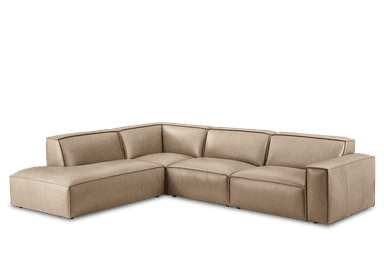 An L-shaped contemporary sectional sofa featuring a modular design and an integrated chaise lounge. The sofa is upholstered in light brown leather, characterized by clean lines, wide armrests, and visible piping details along the edges of its cushions and frame. — 3D model