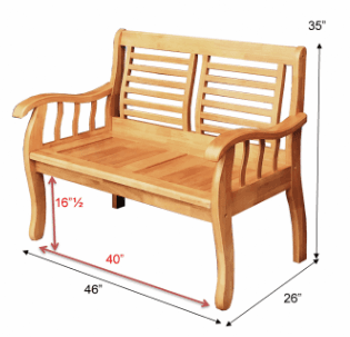 A natural light-colored wooden two-seater bench featuring a slatted backrest and seat, with gently curved armrests and legs. — 3D model
