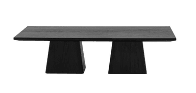 A rectangular coffee table with a dark wood finish. It features a thick, flat top supported by two substantial, trapezoidal legs positioned symmetrically along the length of the table, creating a gap between them. The wood grain is visible, suggesting a natural material with a matte finish. — 3D model