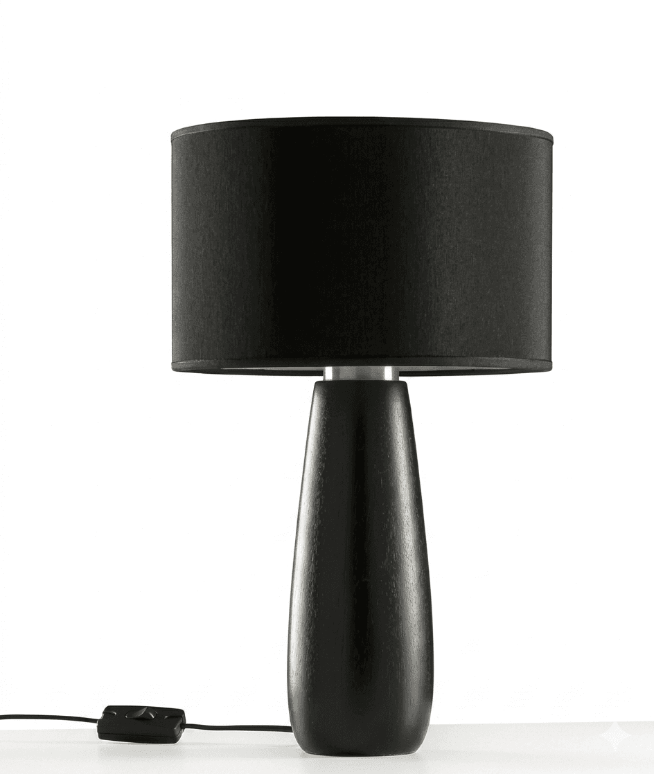 A modern table lamp featuring a cylindrical black fabric drum shade atop a sleek, tapered base made of black wood. The lamp is connected to a black electrical cord with an inline switch. — 3D model