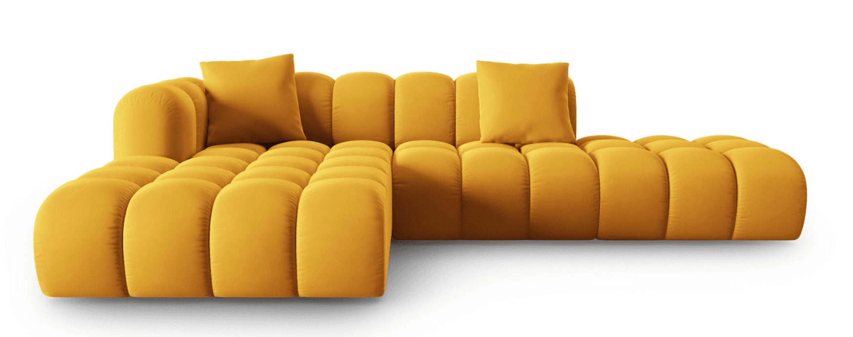 A modular sectional sofa with a rounded, tufted design. The sofa is upholstered in a soft, textured fabric and features a series of evenly spaced vertical channels on its seat cushions, backrests, and armrests. Two square throw pillows, matching the sofa's upholstery, are placed on the sofa. The configuration suggests an L-shaped arrangement, indicating a corner sofa or a multi-piece sectional. — 3D model