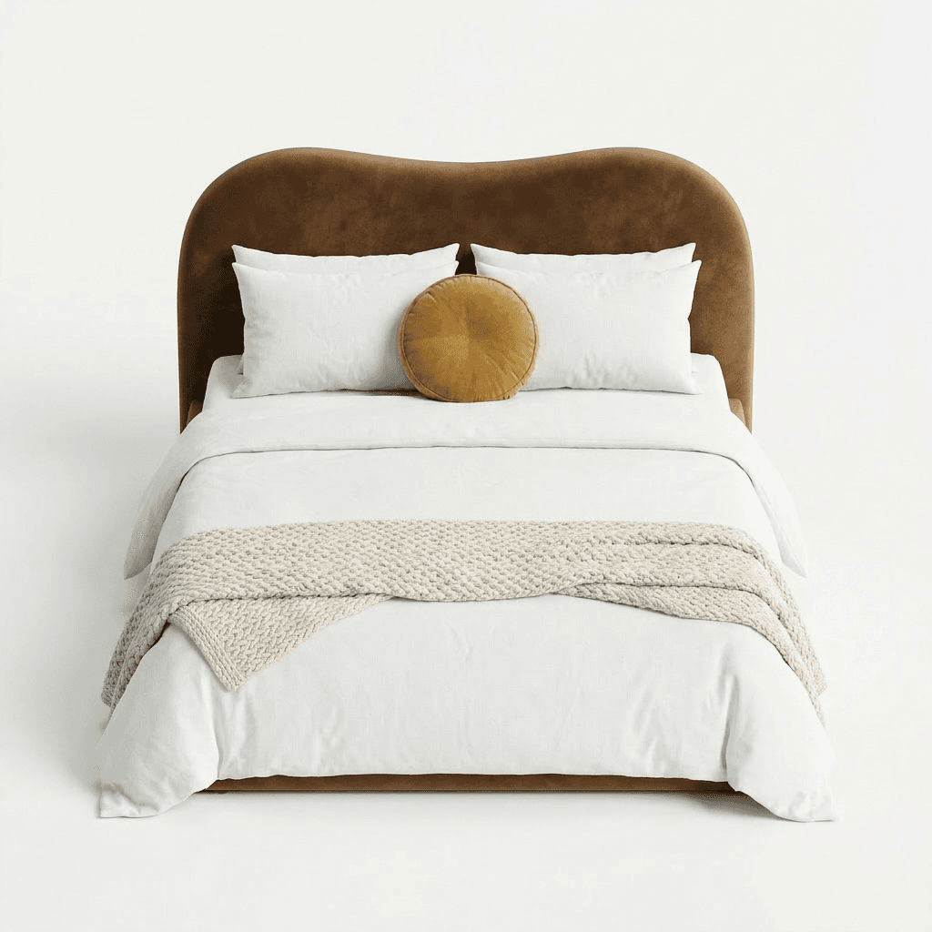A modern upholstered bed featuring a distinctive wavy headboard and a low-profile frame. The bed is covered in a rich, brown velvet-like fabric, presenting a soft and luxurious appearance. It is dressed with clean white bedding, including two standard pillows and a duvet, accented by a round mustard-colored velvet pillow and a chunky knit beige throw blanket draped across the foot of the bed. The overall design emphasizes organic shapes and contemporary elegance. — 3D model