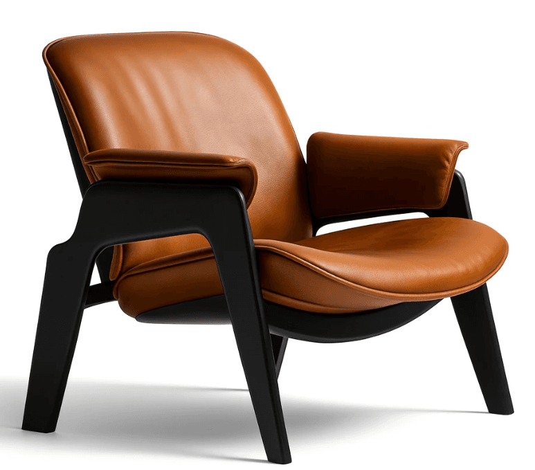 A modern lounge armchair featuring rich caramel-toned leather upholstery and a striking exposed black wooden frame. The chair has a comfortable, reclined posture with generously padded seat, back, and armrest cushions. The frame forms integrated legs and armrest supports, providing a sleek and sturdy structure. Piping details are visible along the edges of the leather cushions. — 3D model