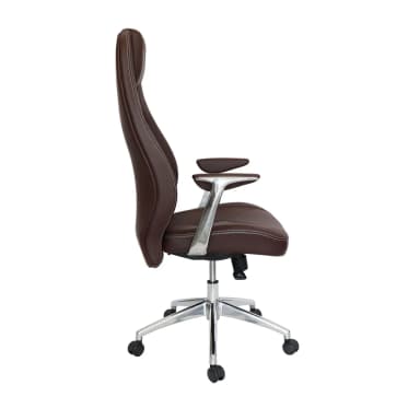 A brown office chair viewed from the rear and side. It features a high back with a cutout and mesh insert, a cushioned seat, and chrome-finished armrests. The chair is supported by a five-star base with casters for mobility. — 3D model