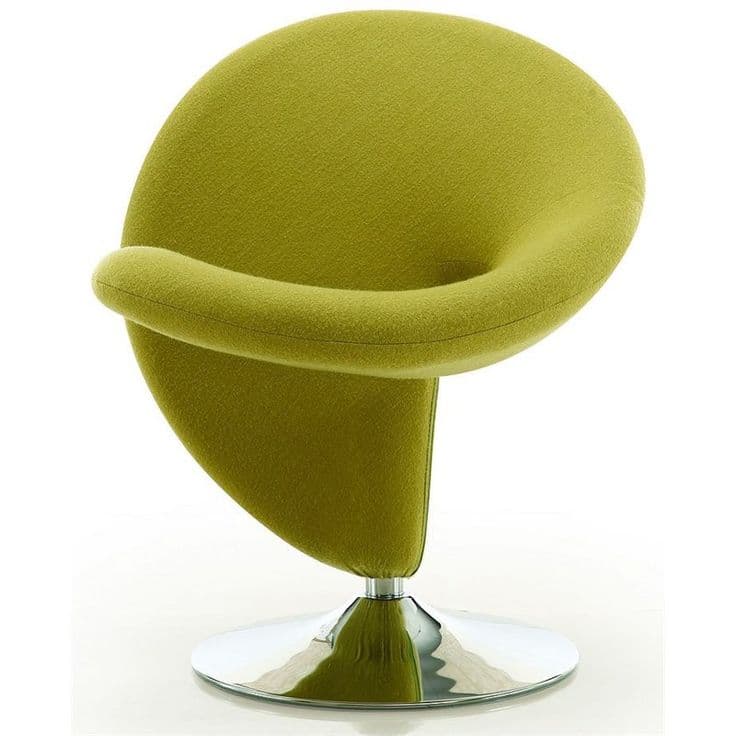 A modern, organic-shaped lounge chair with a distinctive, swirling design. The seat and back are integrated into a single, flowing form, upholstered in a textured, lime-green fabric. It rests on a polished metal pedestal base with a circular foot. — 3D model