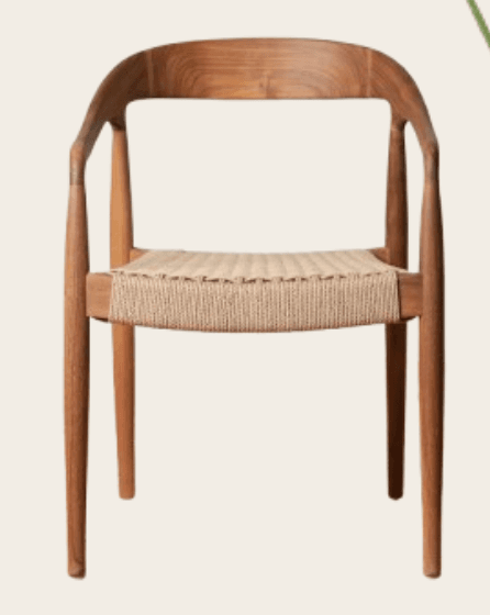 A wooden armchair with a woven seat and a curved backrest. The chair has four tapered legs and armrests that flow from the backrest. — 3D model