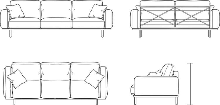 This image displays line drawings of three sofas from different perspectives: a front view with cushions, a rear view showing a structural frame, and a top-down view highlighting the seating arrangement. The sofas appear to be modern in design, with clean lines and a relatively low profile. The front and top views show two throw pillows on each sofa. The rear view reveals a prominent criss-cross support structure. All three designs rest on slender legs. — 3D model