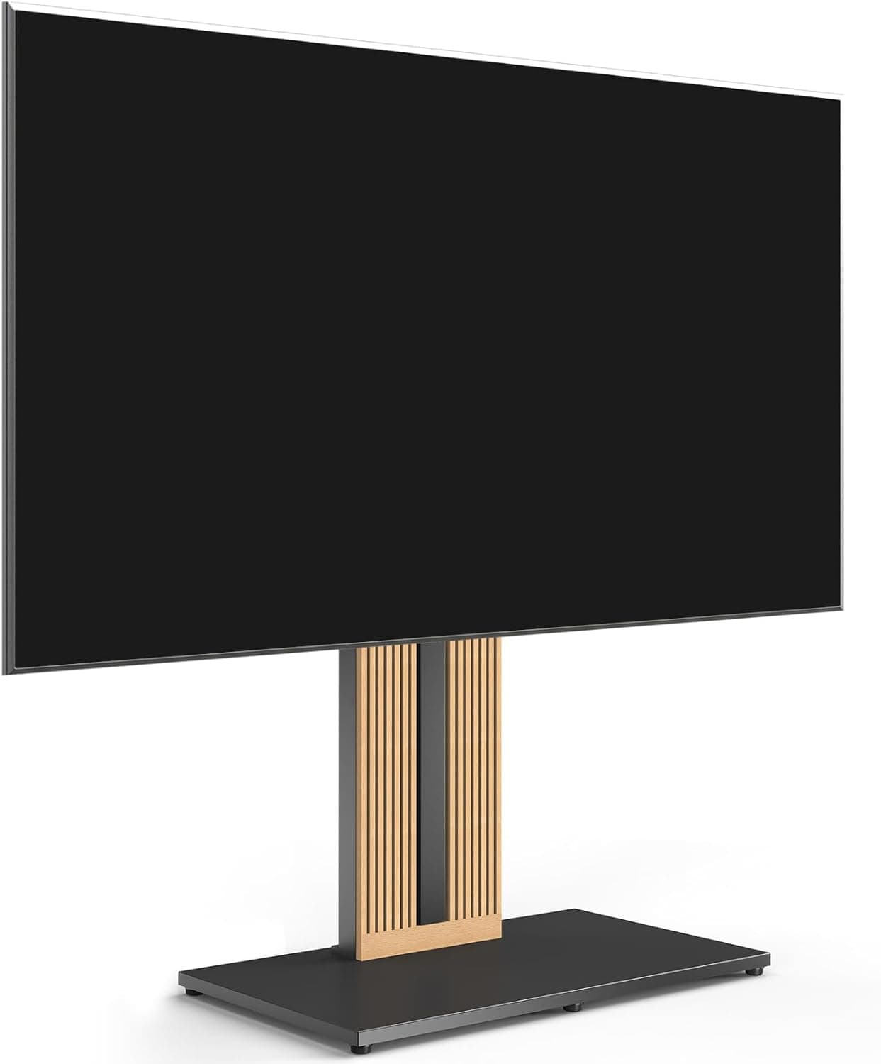 A modern freestanding TV stand designed to support a large flat-screen television. The stand features a dark, low-profile rectangular base and a central vertical support column. This column incorporates natural light-colored wood slats on its front surface, providing a distinctive design accent, contrasted with dark grey or black elements. The television is directly mounted to the top of this central column, presenting a sleek, integrated look without visible wiring. The overall aesthetic is minimalist and contemporary. — 3D model