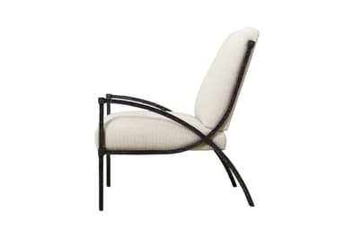 An armchair with a dark, textured forged iron frame and light-colored upholstered seat and back, featuring a transitional design. — 3D model