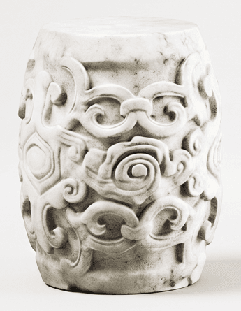 A cylindrical stool with a flat top and a textured, decorative surface. The surface features raised, intricate carvings that resemble swirling cloud patterns. The stool has a classic, traditional aesthetic. — 3D model
