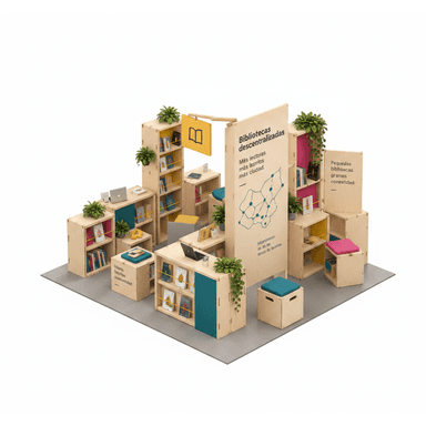 A comprehensive modular display system constructed from light-colored birch plywood panels. The system is designed to create an interactive environment, likely for a library or educational exhibit, featuring multiple shelving units for books and display items. It incorporates various configurations, including open shelves, partially enclosed cubbies with colored back panels (teal, pink, yellow), integrated seating cubes with upholstered tops, and tall display panels with graphics and text. Potted plants are strategically placed throughout the setup, adding natural elements. The entire system rests on a grey carpeted base, suggesting an exhibition or temporary installation. — 3D model