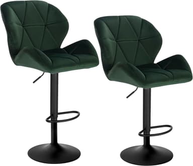 A dark green velvet upholstered bar stool featuring a geometrically quilted seat and back, mounted on a black height-adjustable pedestal base with a circular footrest. — 3D model