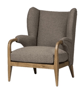A high-backed armchair with flared wings and upholstered seat and back. The frame and armrests appear to be made of wood. The upholstery has a textured, woven appearance. — 3D model