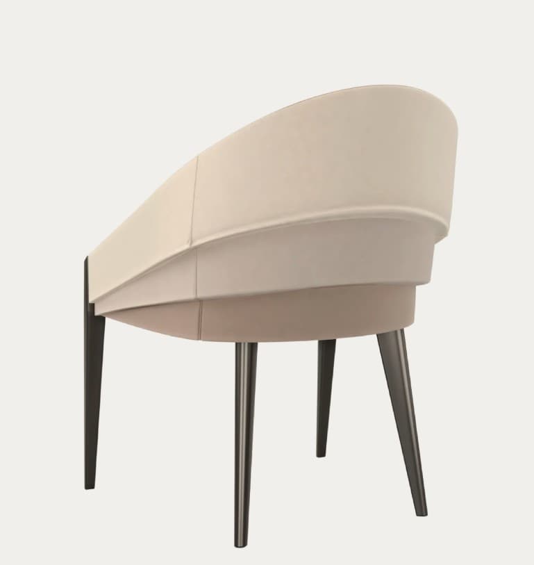 A modern armchair with a layered, curved backrest and a padded seat. The backrest exhibits distinct horizontal segments, creating a tiered effect. It is supported by four tapered legs. — 3D model