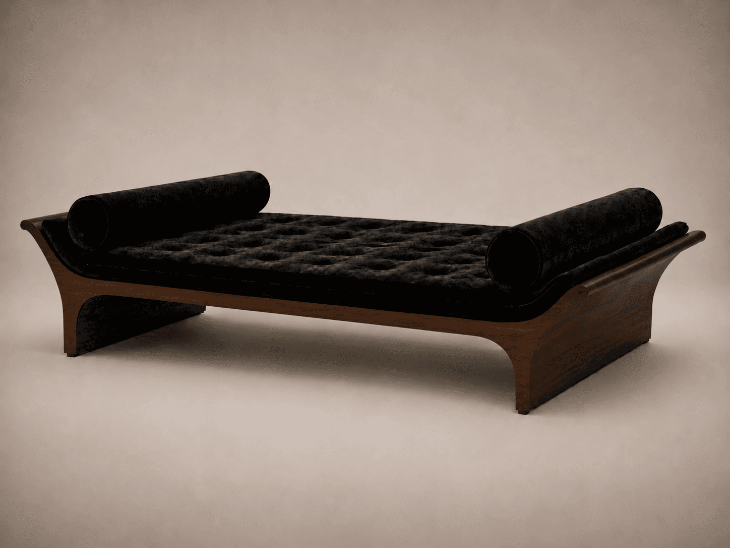 A contemporary daybed with a curved wooden base and legs. The seating surface is upholstered in black velvet with diamond tufting. Two cylindrical bolsters are placed at either end, also upholstered in black velvet. — 3D model