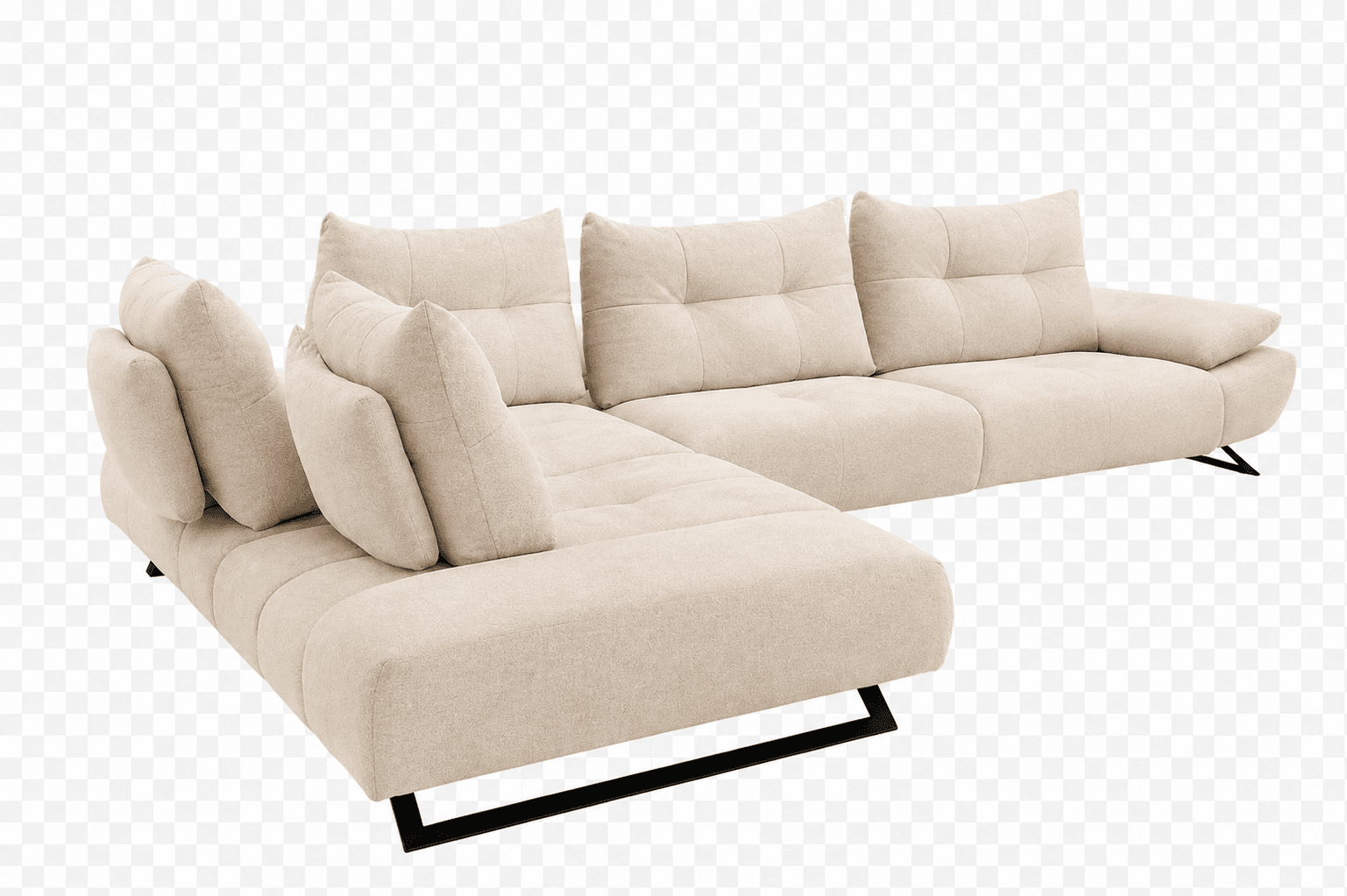 An L-shaped sectional sofa featuring a chaise lounge component, upholstered in a light beige or cream fabric. The design is modern with clean lines and low-profile black metal sled legs. The seat and back cushions are generously padded, with the main back cushions showing subtle tufting, and additional loose cushions providing extra comfort on the chaise section. — 3D model