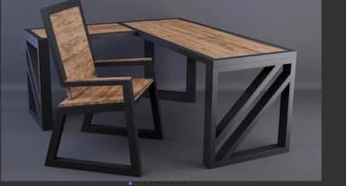 An L-shaped desk featuring a light wood-look laminate top and a black metal frame. The frame has a distinct industrial aesthetic, with one section of the L-shape incorporating a diagonal support beam, while the other side features a solid end panel made from the same wood-look material. — 3D model