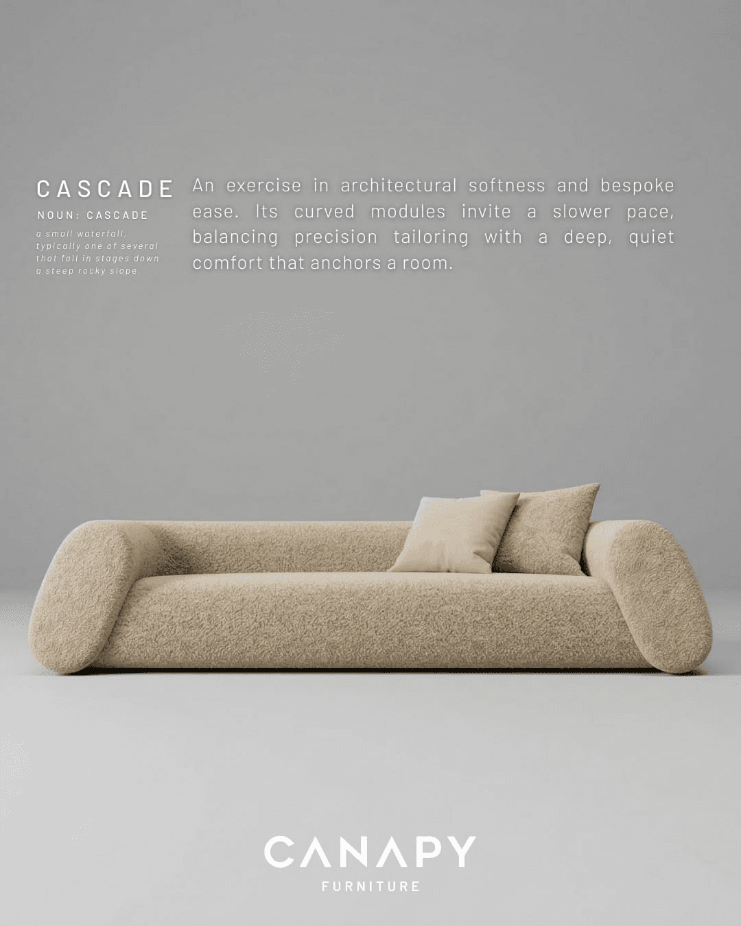 A long, low-profile sofa with rounded edges, upholstered in a light beige, textured fabric, accompanied by two matching throw pillows. Its design features integrated, gently curved armrests and backrest, creating a continuous, minimalist form that extends to the floor. — 3D model