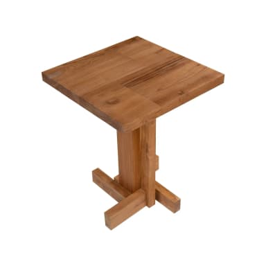 A robust, square-top side table crafted from solid teak wood, featuring a thick tabletop and a substantial pedestal base that terminates in a cruciform foot. The natural grain of the wood is prominently visible, and the design is minimalist and sturdy. — 3D model