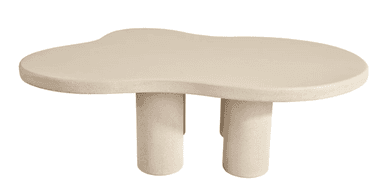 An organic, amorphous-shaped coffee table with a textured, matte finish. It features two cylindrical legs supporting the asymmetrical tabletop. The overall design is minimalist and contemporary. — 3D model