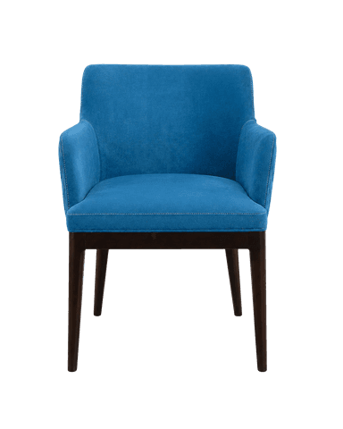 An upholstered armchair with a vibrant blue velvet-like fabric, featuring diamond quilting on the outer backrest and armrests, supported by dark, tapered wooden legs. — 3D model