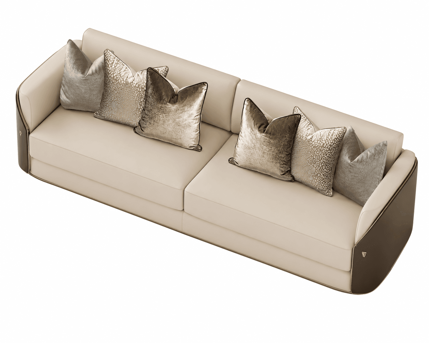 A contemporary three-seater sofa with a low profile and rounded arms. The upholstery is a light cream or beige, possibly leather or high-quality fabric. It features a decorative metallic trim along the base and edges of the armrests. The sofa is adorned with five throw pillows of varying textures and patterns in shades of gold, beige, and silver. — 3D model