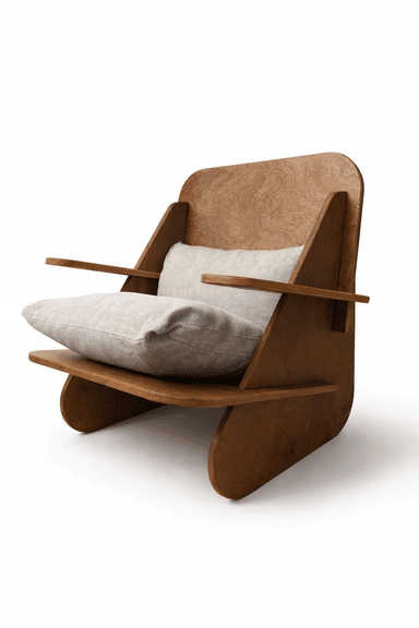A modern armchair with a low profile and a distinctly angular design. The frame is constructed from layered wood, giving it a unique, multi-dimensional appearance. It features integrated armrests that extend horizontally and a supportive backrest. A single, plush cushion upholstered in a light-colored, textured fabric is placed on the seat, providing comfort. — 3D model
