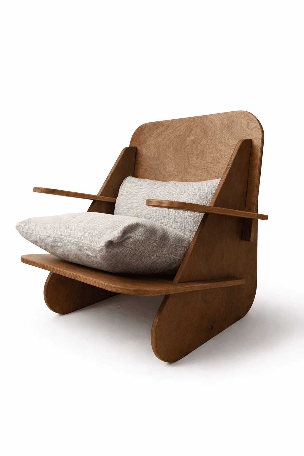 A modern armchair with a low profile and a distinctly angular design. The frame is constructed from layered wood, giving it a unique, multi-dimensional appearance. It features integrated armrests that extend horizontally and a supportive backrest. A single, plush cushion upholstered in a light-colored, textured fabric is placed on the seat, providing comfort. — 3D model