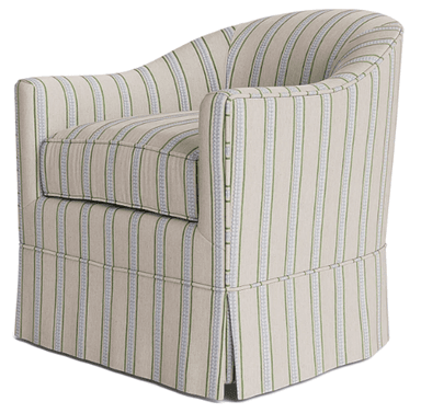 An upholstered armchair featuring a barrel back design, track arms, a loose seat cushion, and a tailored fabric skirt concealing the base. The fabric features a pattern of vertical stripes in cream, muted green, and light blue. — 3D model