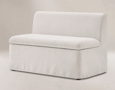 A modern, upholstered armless modular chair unit, depicted in a light, neutral fabric. It features a deep seat cushion and a high backrest, both generously padded. The base is fully upholstered, creating a seamless, floor-standing appearance. The design emphasizes comfort and a minimalist aesthetic, suitable for contemporary interiors. — 3D model