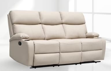 A contemporary three-seater reclining sofa upholstered in light beige/cream faux leather, featuring plush, channel-tufted backrests and seat cushions. The sofa includes two reclining end seats operated by manual levers on the outer sides, and two integrated cup holders within the armrests. The design emphasizes comfort and functionality, with a robust base structure. — 3D model