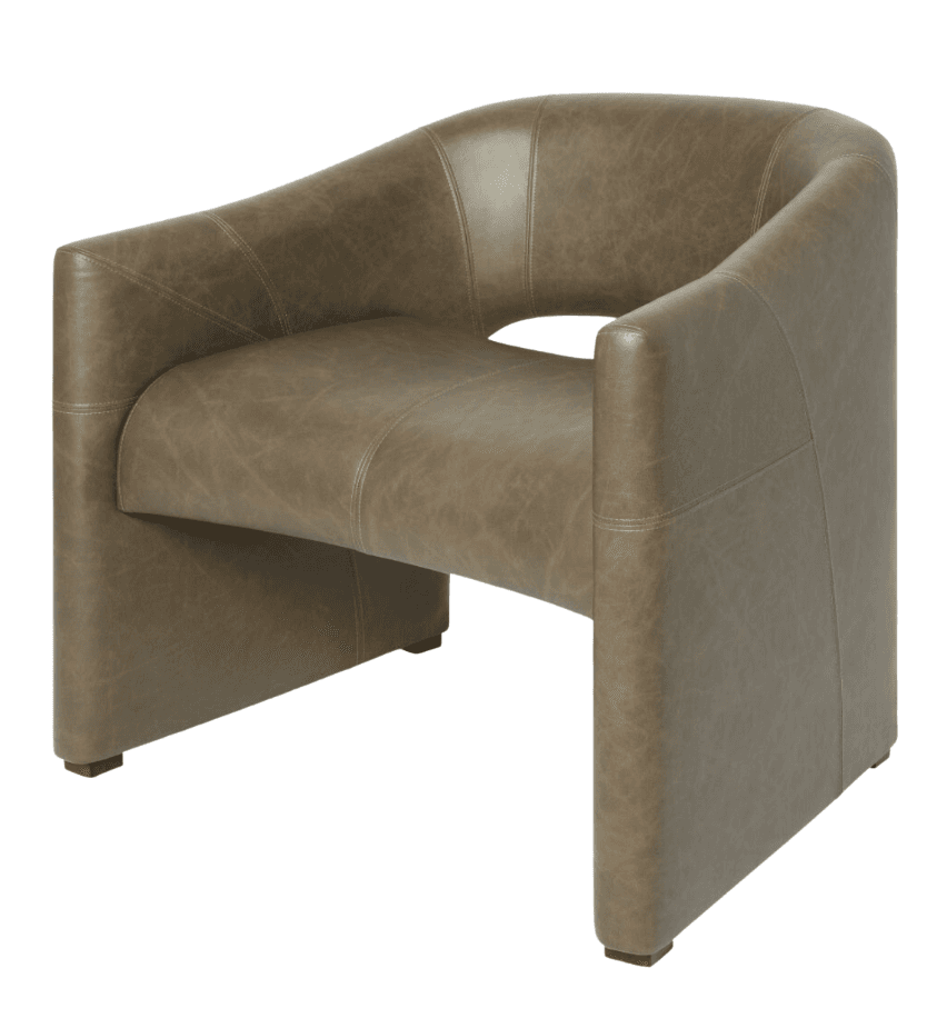 A contemporary barrel-shaped club chair upholstered in a taupe-green leather, featuring an integrated backrest and armrests. The chair exhibits clean lines and a solid, fully upholstered form with subtle stitching details. — 3D model