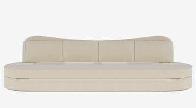 A contemporary sofa with a curved silhouette and upholstered in a textured, light-colored fabric. It features a slightly concave backrest with four distinct cushion sections and a rounded, continuous base. The design is minimalist with soft, rounded edges. — 3D model