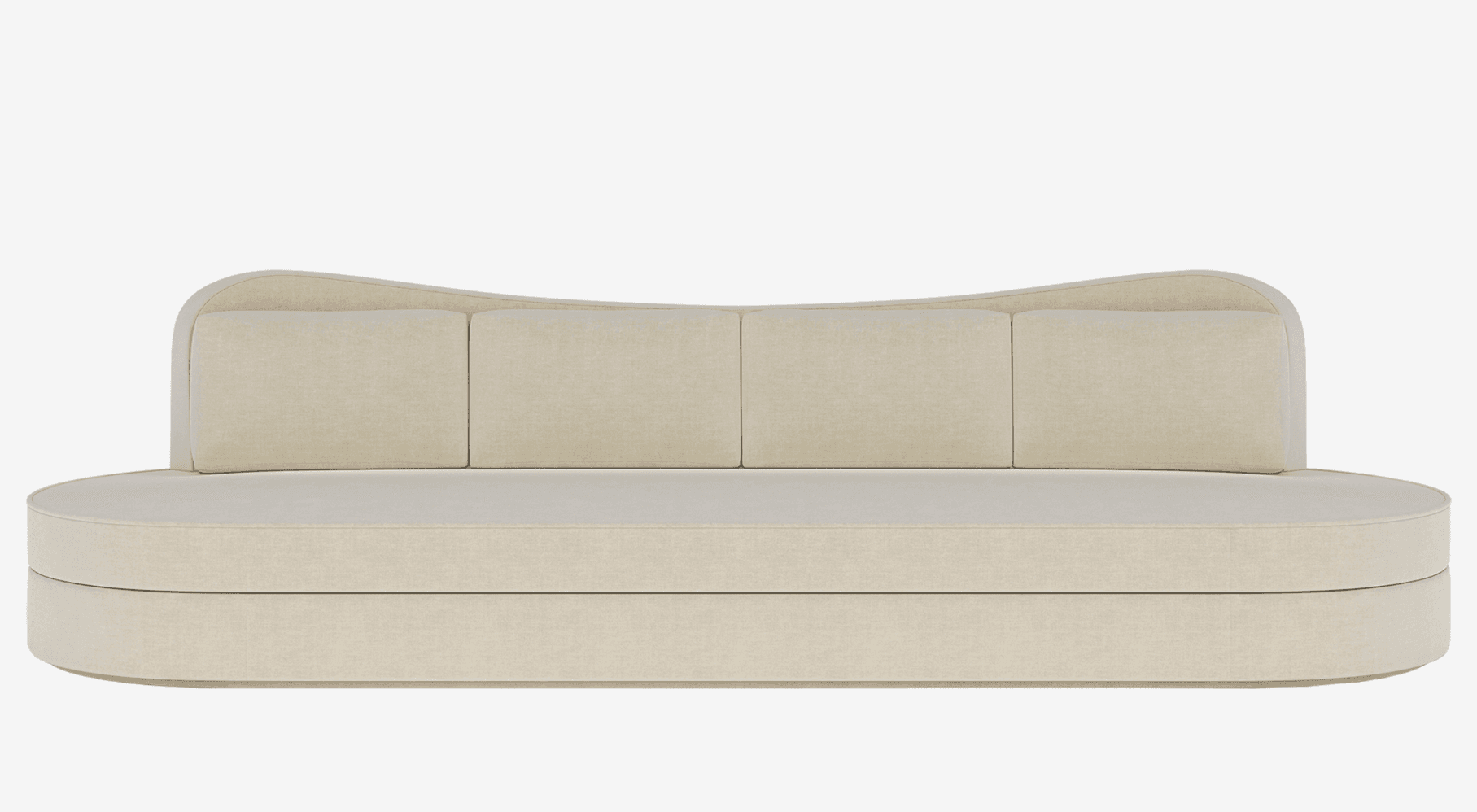 A contemporary sofa with a curved silhouette and upholstered in a textured, light-colored fabric. It features a slightly concave backrest with four distinct cushion sections and a rounded, continuous base. The design is minimalist with soft, rounded edges. — 3D model