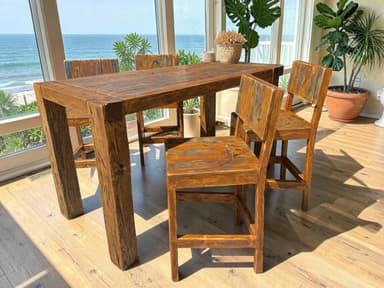 A rustic-style bar stool constructed from dark brown, distressed wooden planks. It features a solid seat, a tall backrest made of vertical planks, and integrated footrests between the sturdy square legs. The wood shows visible grain and a worn, weathered finish with subtle hints of blue-green discoloration, suggesting reclaimed or intentionally aged material. The design is robust and utilitarian. — 3D model