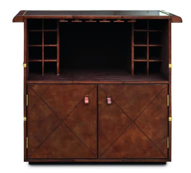 A dark brown leather-covered bar or counter. The piece features a rectangular top and a matching lower section.  It is accented with brass studs along horizontal seams and a brass footrest/bar rail below the countertop. The leather appears to be high quality, possibly genuine leather, and is paneled. The overall style suggests a classic or vintage aesthetic. — 3D model