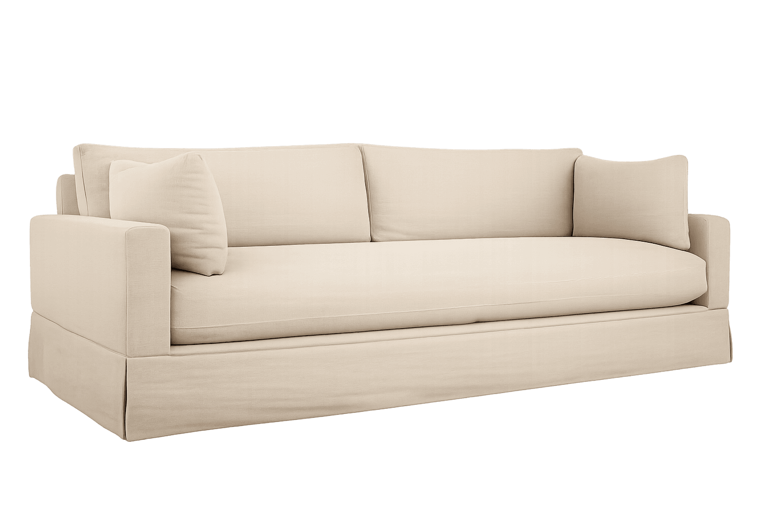 A fully upholstered sofa with a skirted base. It features a three-cushion seat and a two-back cushion configuration. Two square throw pillows are placed on either end. The arms are straight and squared. — 3D model
