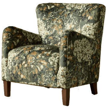 An upholstered armchair featuring a dense botanical pattern with green, white, and brown foliage and flowers, supported by four tapered wooden legs. — 3D model